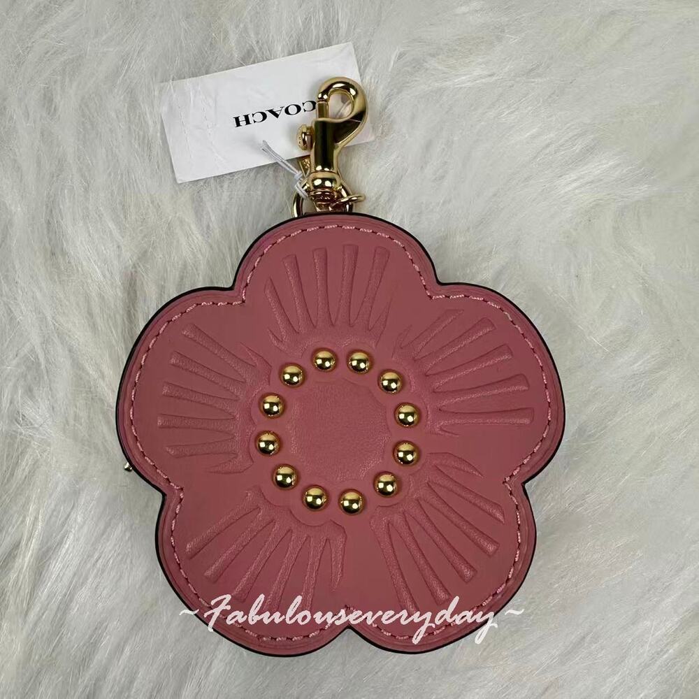 Coach Tea Rose Bag Charm In Leather/Gold/Peony CDB15 + Coach Pouch NWT